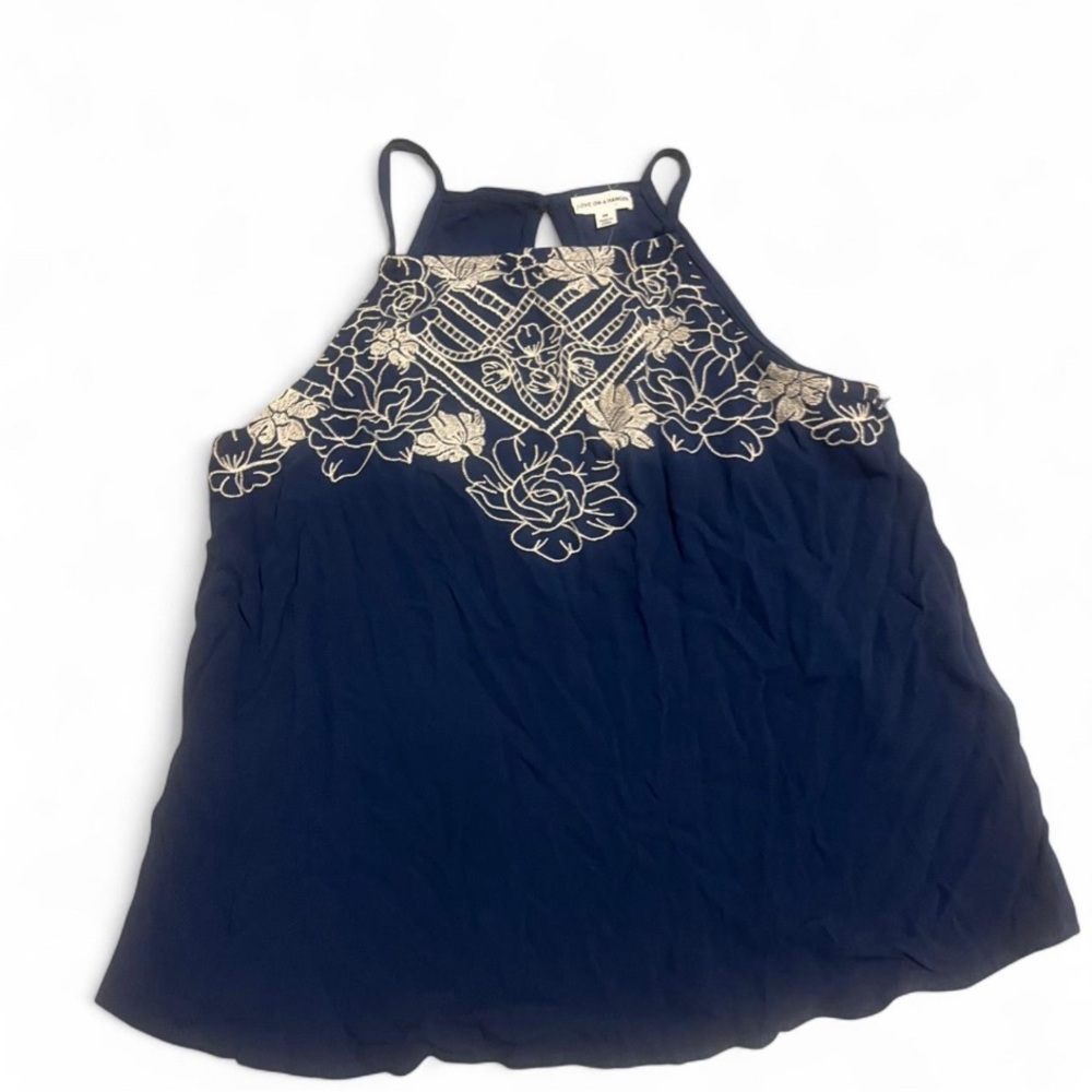 love on a hanger Navy Halter Tank with Cream Floral Embroidery Accents boho